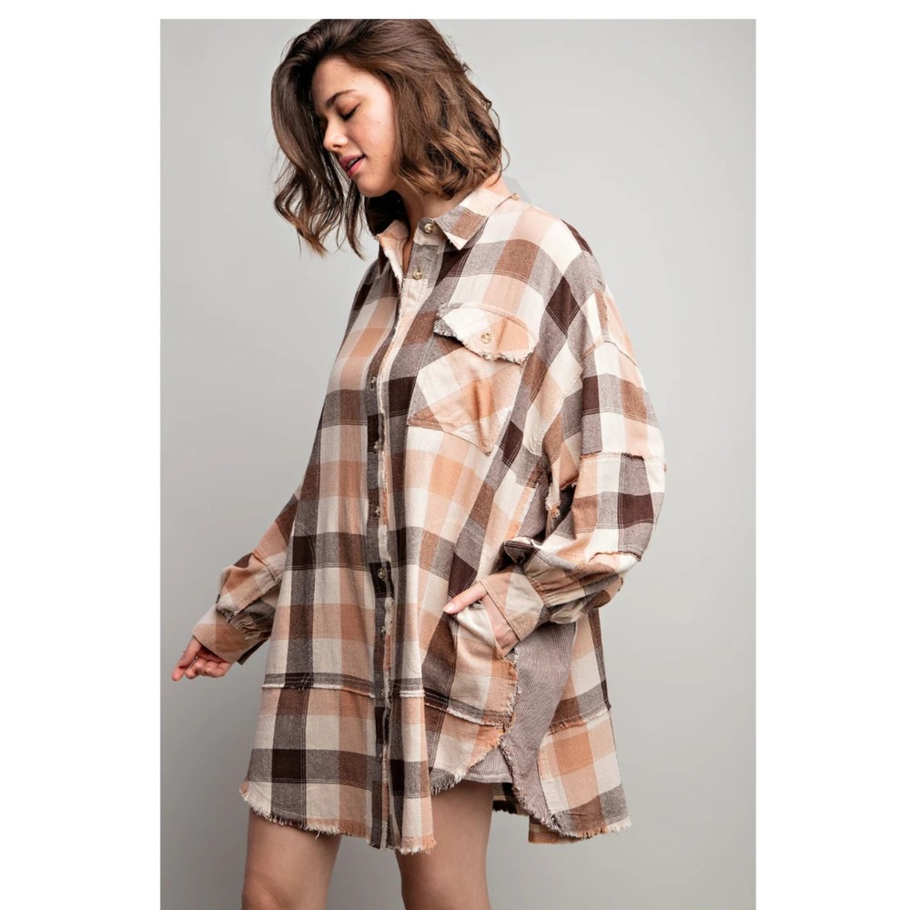 Easel Los Angeles Plaid Oversized Linen Cotton Button Down Shirt Pink Brown 2X